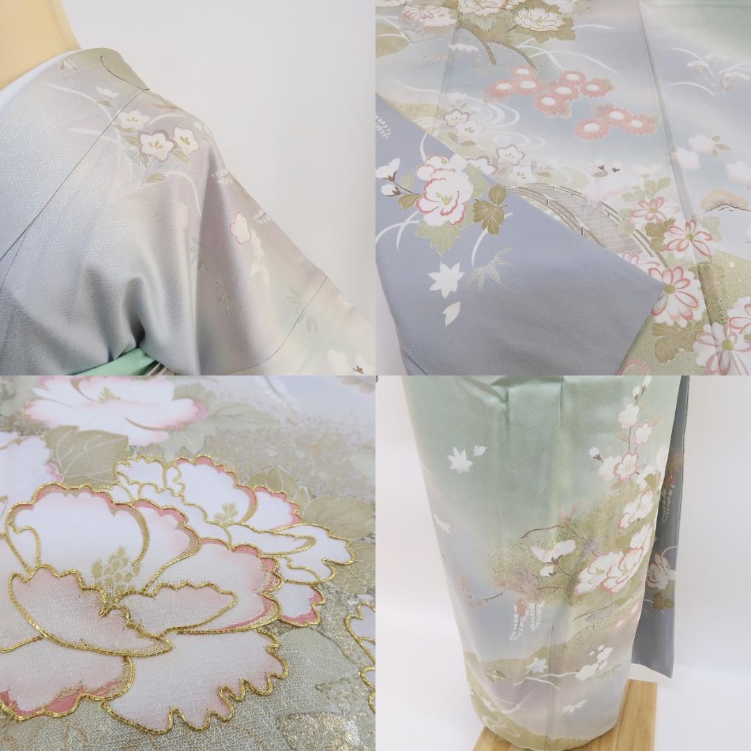 A-214◇正絹 袷『オーキッドグレイ×花』金駒刺繡 トールサイズ 訪問着 着物