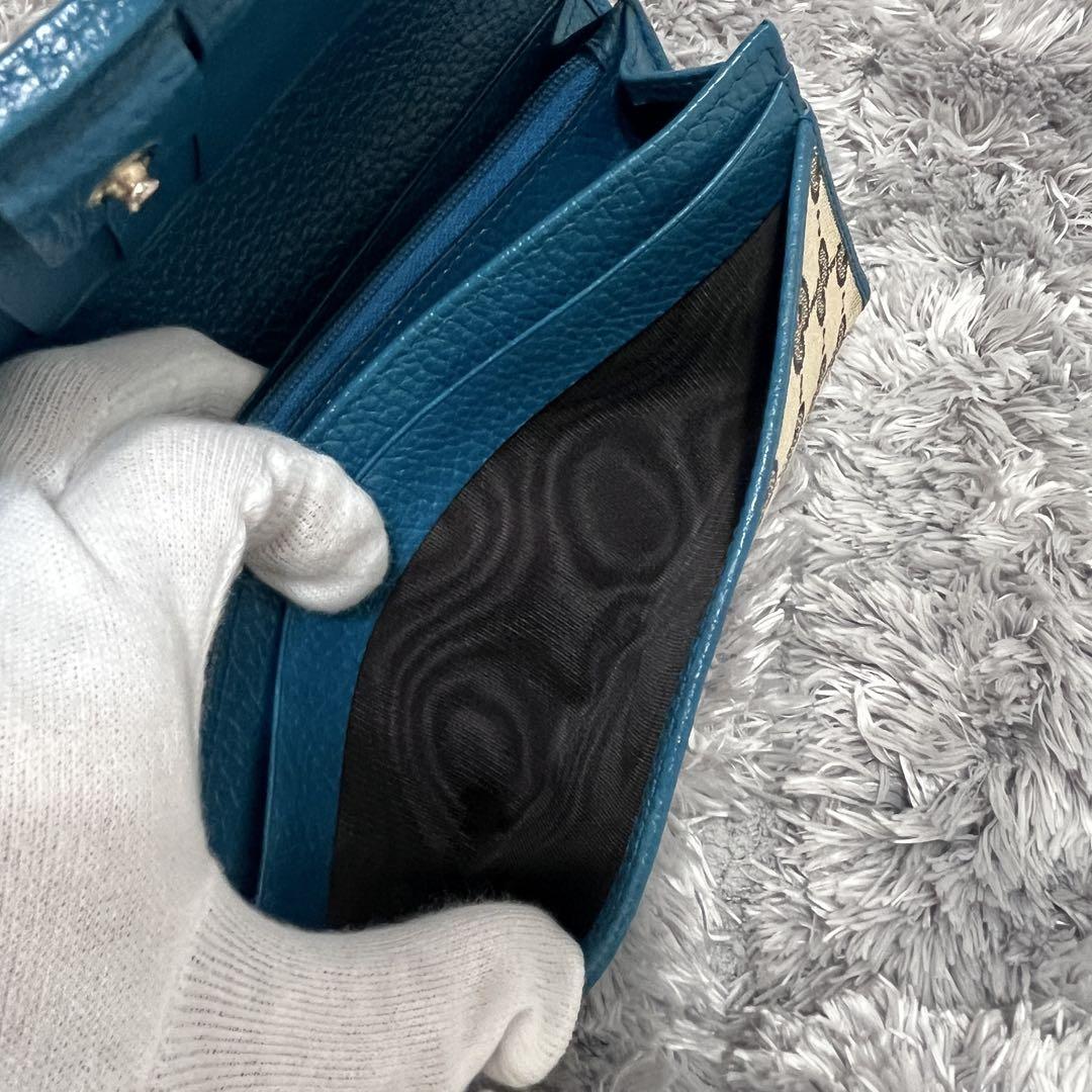 美品✨GUCCI 長財布　GGキャンバス　ターコイズ　フラップ　メンズ