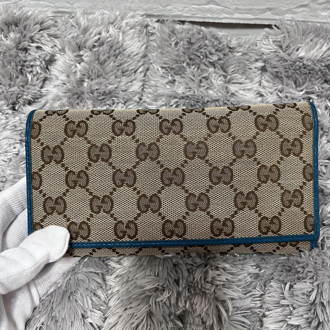 美品✨GUCCI 長財布　GGキャンバス　ターコイズ　フラップ　メンズ