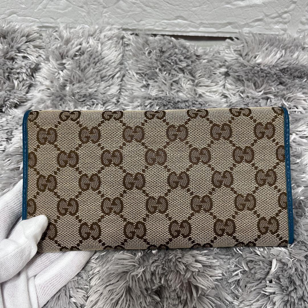 美品✨GUCCI 長財布　GGキャンバス　ターコイズ　フラップ　メンズ