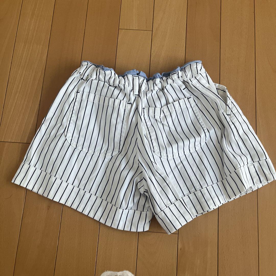 ハーフパンツ ショートパンツ ストライプ 膝上 スリム 緑/白/茶