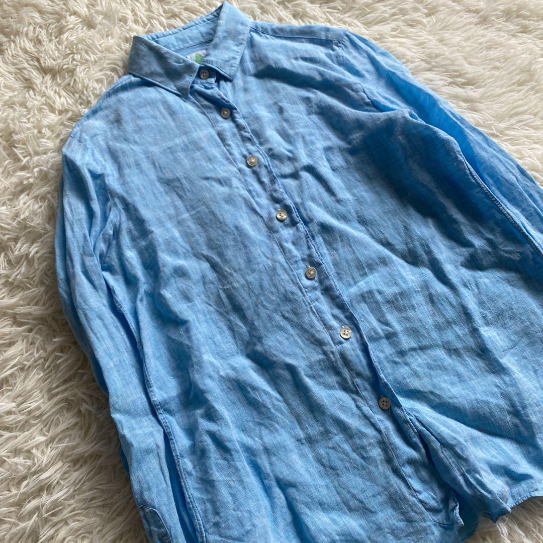 美品 Finamore Napoli リネンシャツ ターコイズ Lサイズ