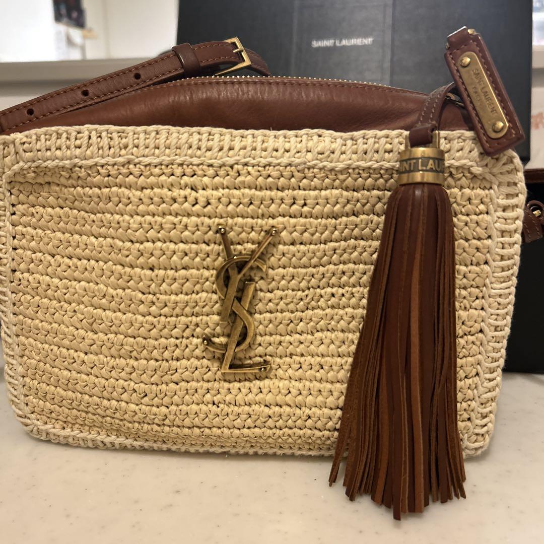 送料関税込■Saint Laurent■スモール ラフィアショルダーバッグ サンローランパリ カサンドラ スモール ラフィア×レザー
