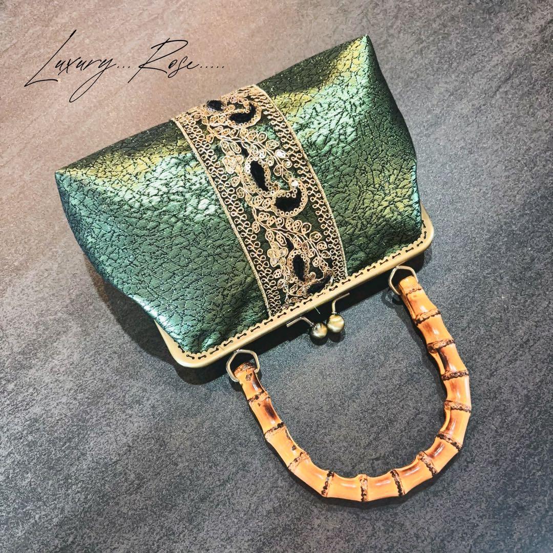 9月新作♡イタリアレースと帯の融合♡秋の神秘的深みグリーン上質箔加工高級帯バッグ