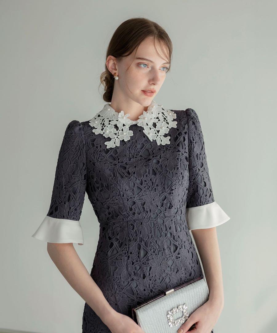 Leja 花柄レースカラースパンコール刺繍Aラインフレアドレス　ブルー　M