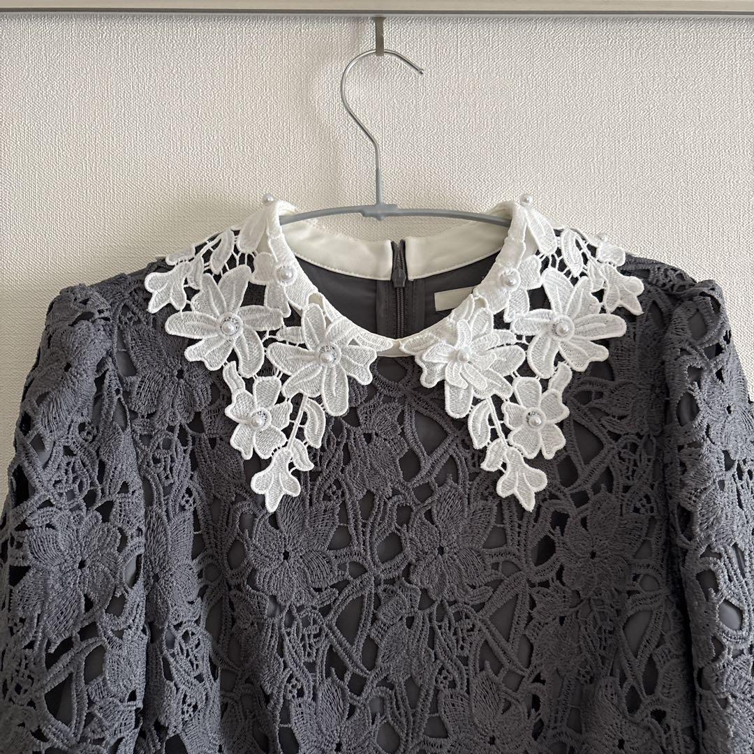 Leja 花柄レースカラースパンコール刺繍Aラインフレアドレス　ブルー　M