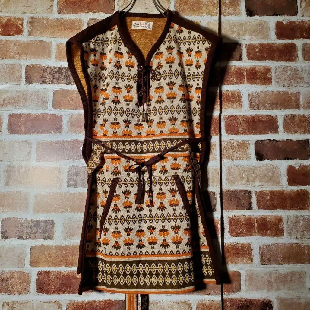 個性派! 希少!レトロ 60s 70s ニットロングベスト ジレ 総柄