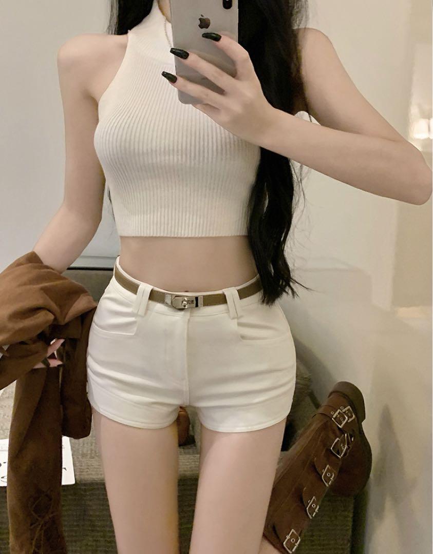 韓国 服 レディース ショートパンツ 白 タイト ナローベルト ハイウエスト 白