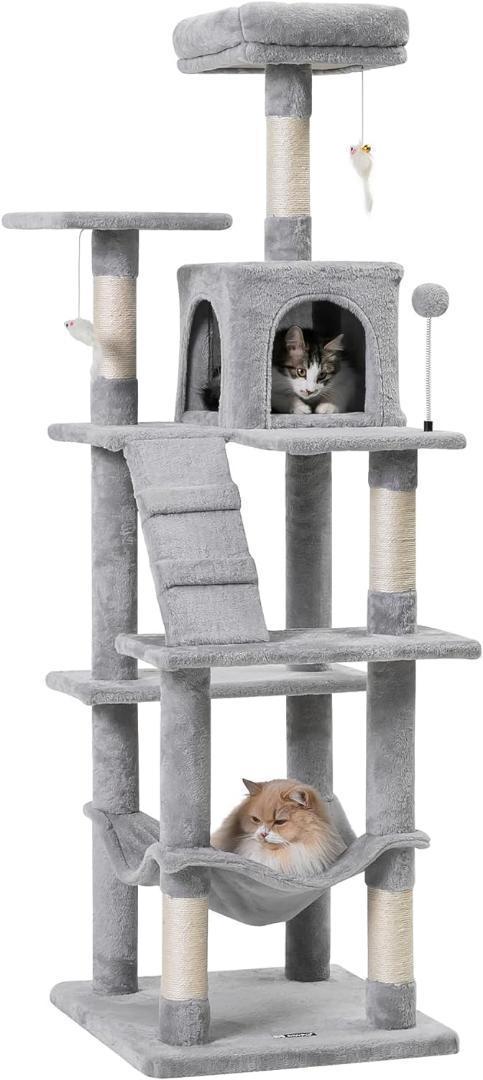 キャットタワー ハンモック 人気 おしゃれ スリム 木製ライトグレー 162cm