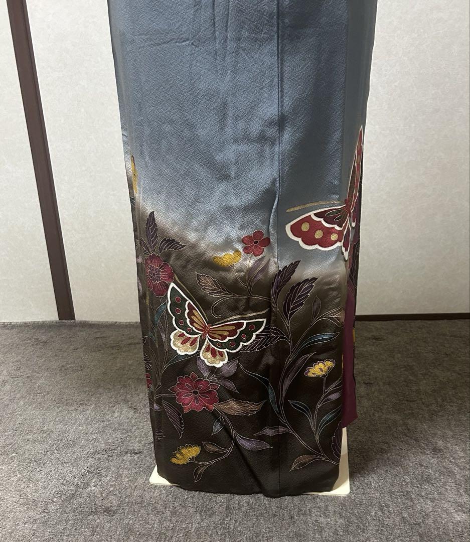 【訪問着セット】正絹／着物・蝶々柄／帯・金糸・蝶々柄／重ね衿・帯揚げ・帯締め