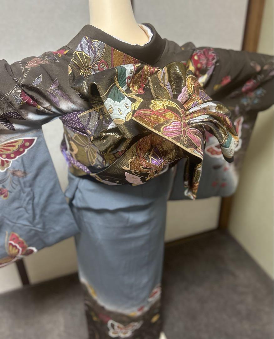【訪問着セット】正絹／着物・蝶々柄／帯・金糸・蝶々柄／重ね衿・帯揚げ・帯締め