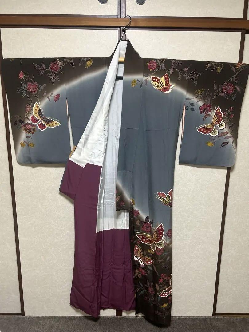 【訪問着セット】正絹／着物・蝶々柄／帯・金糸・蝶々柄／重ね衿・帯揚げ・帯締め