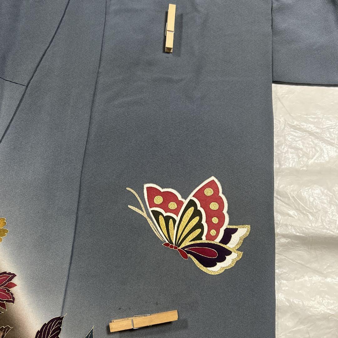 【訪問着セット】正絹／着物・蝶々柄／帯・金糸・蝶々柄／重ね衿・帯揚げ・帯締め