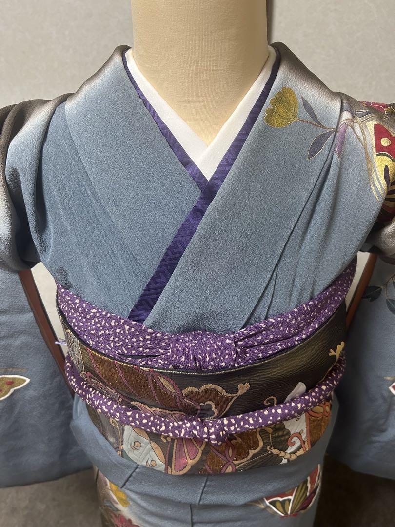 【訪問着セット】正絹／着物・蝶々柄／帯・金糸・蝶々柄／重ね衿・帯揚げ・帯締め
