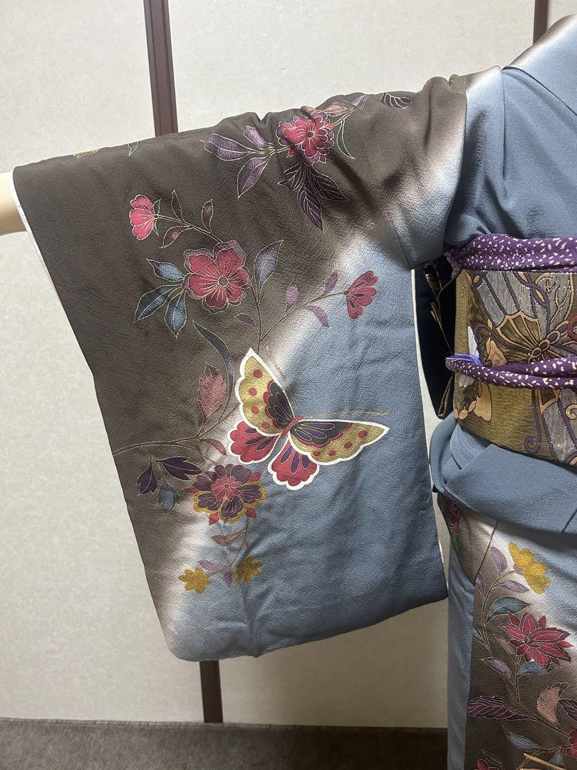 【訪問着セット】正絹／着物・蝶々柄／帯・金糸・蝶々柄／重ね衿・帯揚げ・帯締め
