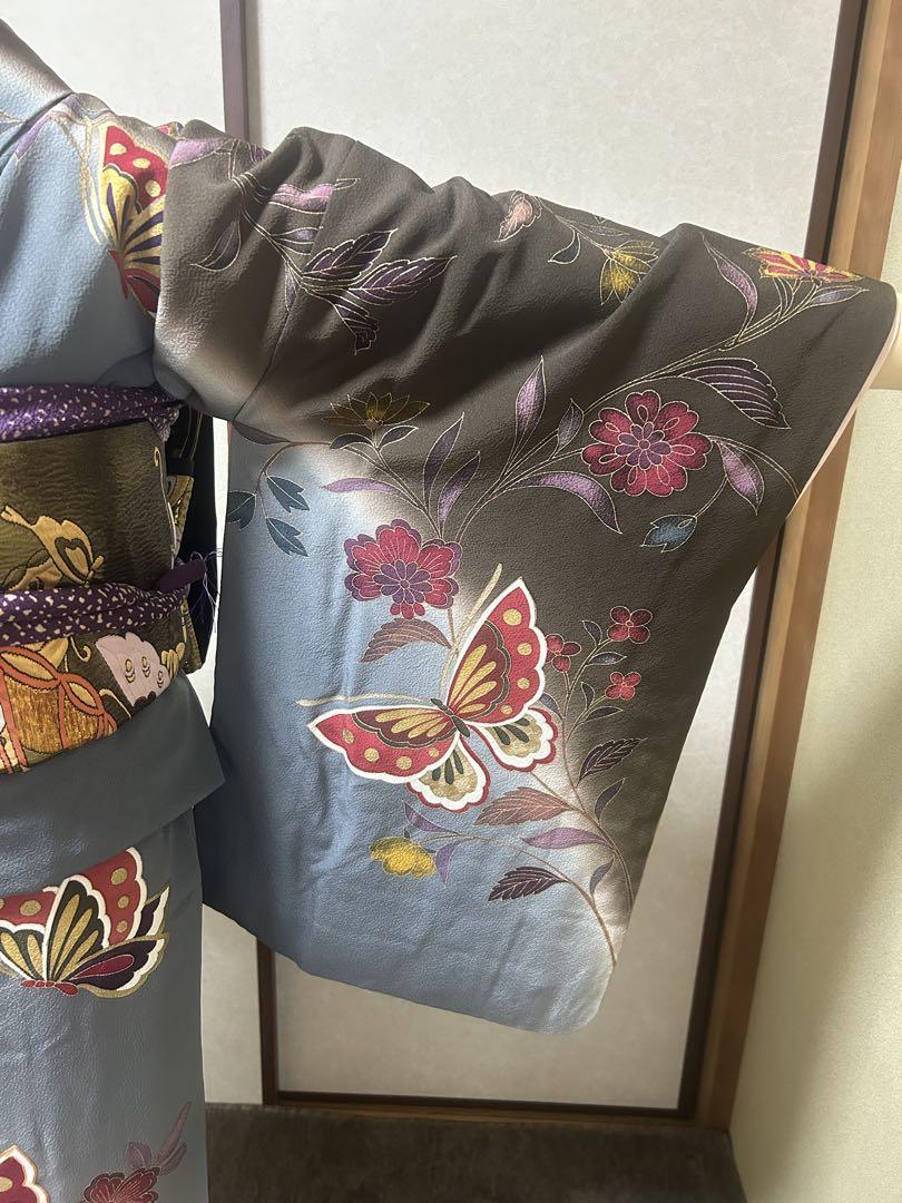 【訪問着セット】正絹／着物・蝶々柄／帯・金糸・蝶々柄／重ね衿・帯揚げ・帯締め