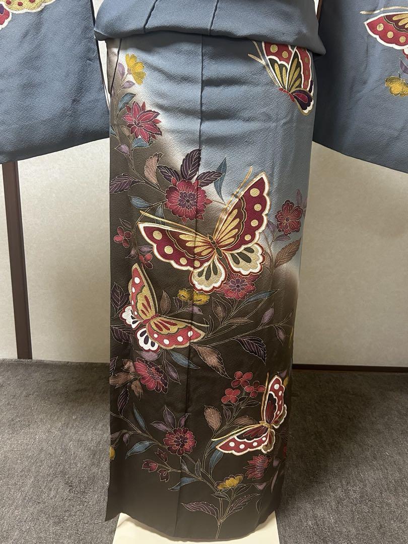 【訪問着セット】正絹／着物・蝶々柄／帯・金糸・蝶々柄／重ね衿・帯揚げ・帯締め