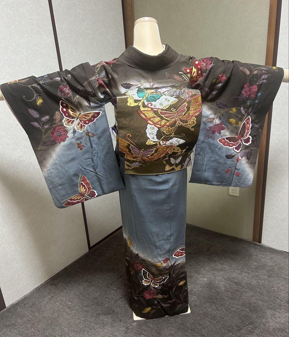 【訪問着セット】正絹／着物・蝶々柄／帯・金糸・蝶々柄／重ね衿・帯揚げ・帯締め