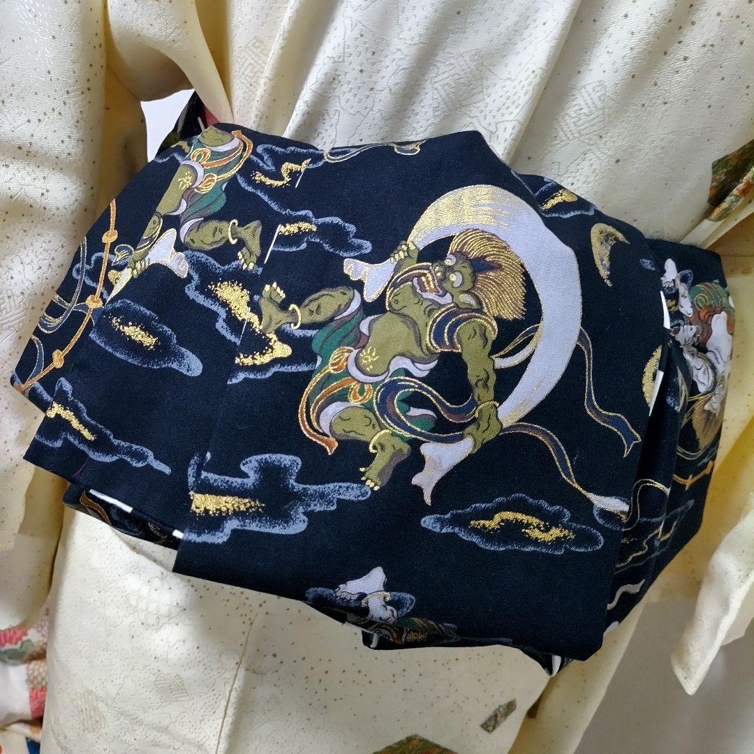 大人の兵児帯半幅帯ハンドメイド澪No2014黒の 雲と神の図柄