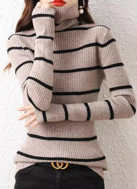 ニット トップス タートルネック セーター ボーダー 全4色 冬 春 杏色