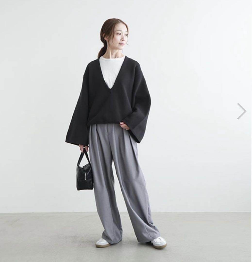 SOLAMONATウエハースニットワイドスリーブVネックプルオーバー