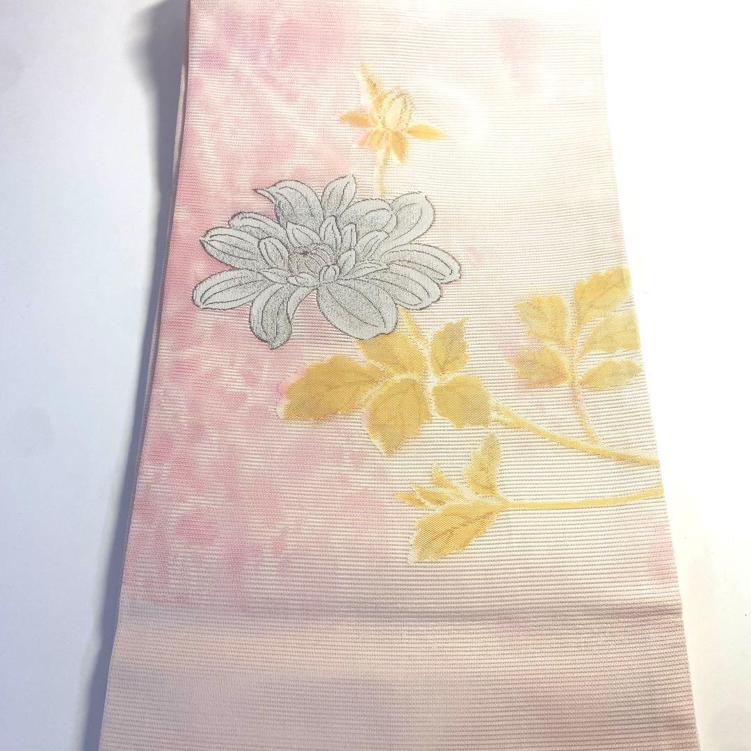 5k1128 名古屋帯 絹 夏帯 夏物 絽 白 ピンク 銀色 ベージュ 花柄 5k1128 名古屋帯 絹 夏帯 夏物 絽 白 ピンク 銀色 ベージュ 花柄