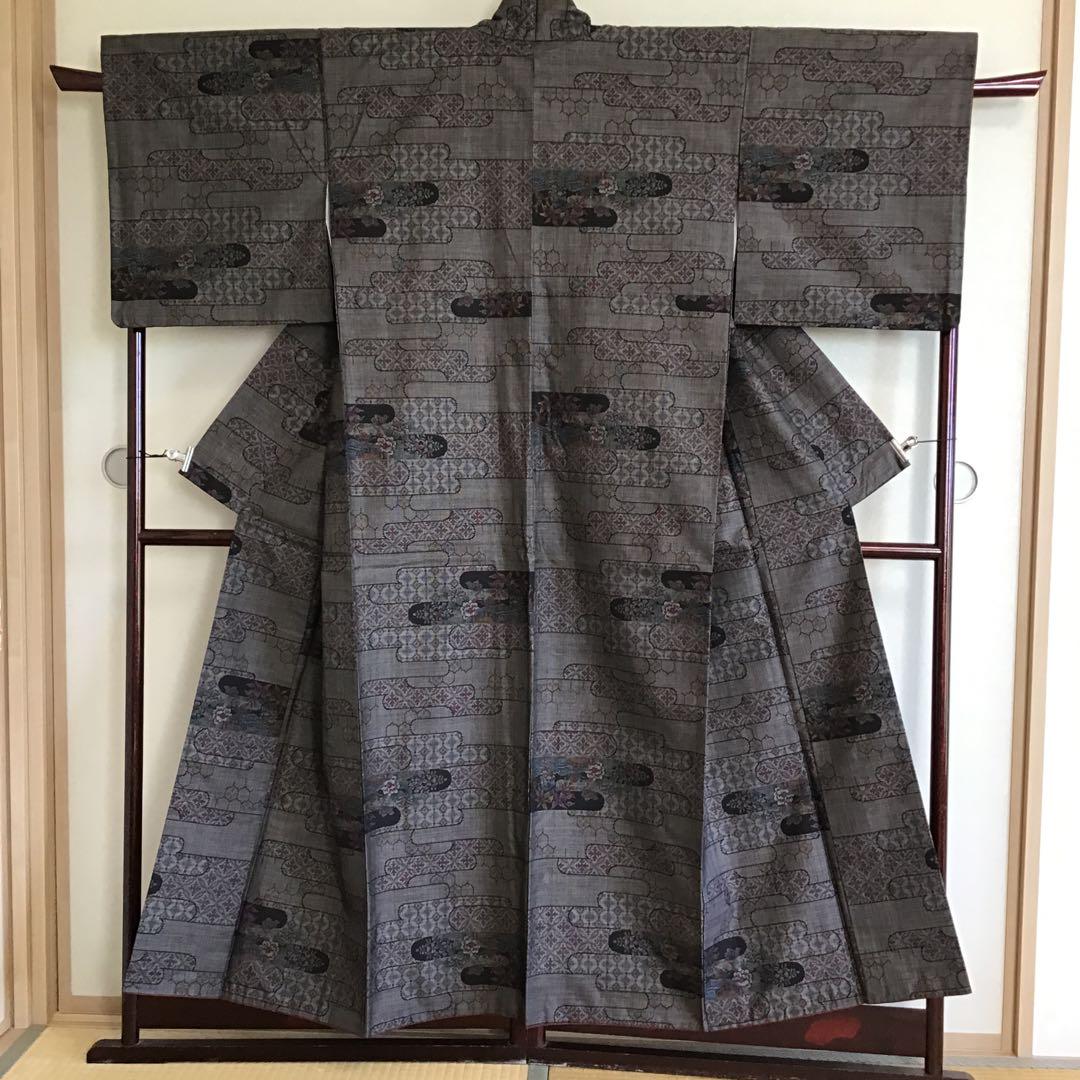 大島紬　ヱ霞　片ス式　正絹　茶系　154cm
