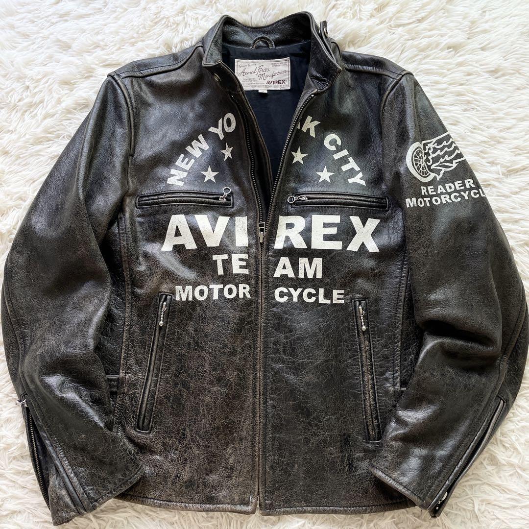 AVIREX ブラウンレザーライダースジャケット 2XL AVIREX レザー ライダースジャケット ヴィンテージ加工 ダーク