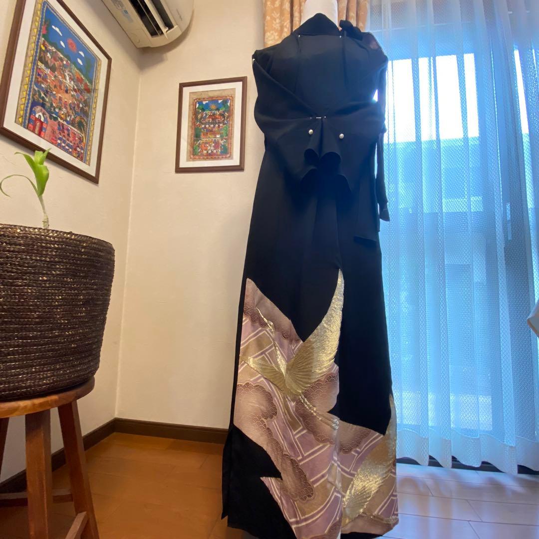 【着物リメイク】ホルターネックサイドリボン ロングワンピースドレス　ボレロ付き