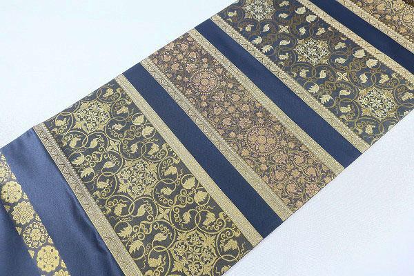 未使用品 袋帯 ブルーグレー ゴールド 葡萄唐草 華文 4m37cm 六通 正絹 未使用品 袋帯 ブルーグレー ゴールド 葡萄唐草 華文 4m37cm 六