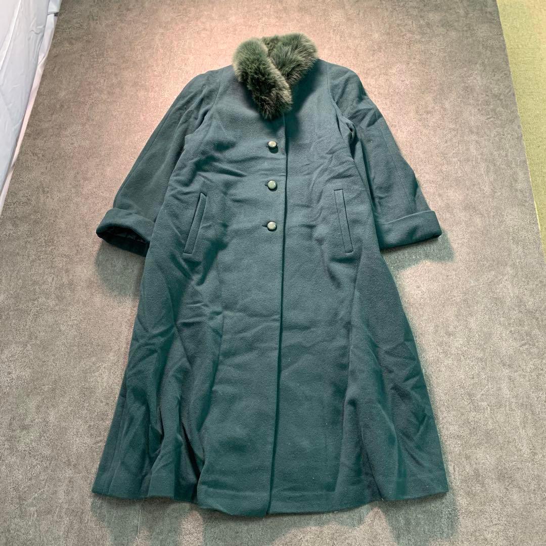 6W1ファー襟　ウール＆カシミヤ　ロングコート　インポート　緑　古着 used 5,226円