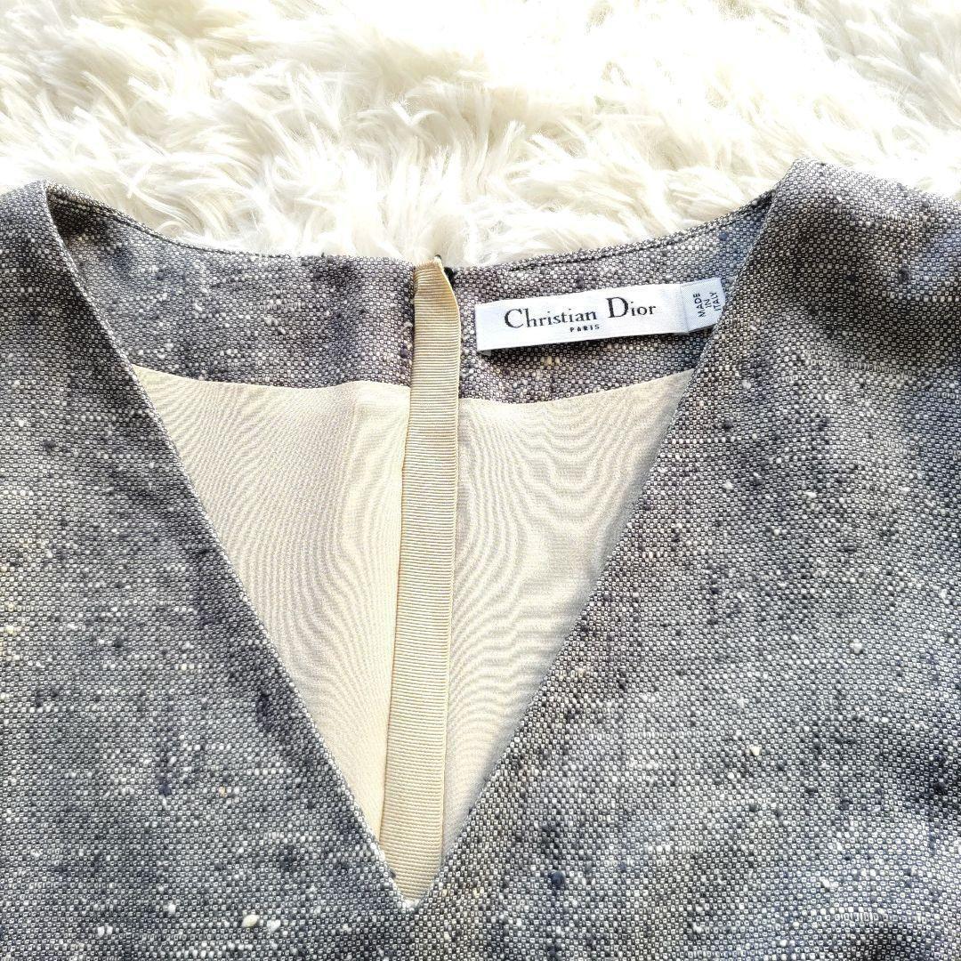 Christian Dior Vネックツイードシルク100%膝丈ワンピース36S