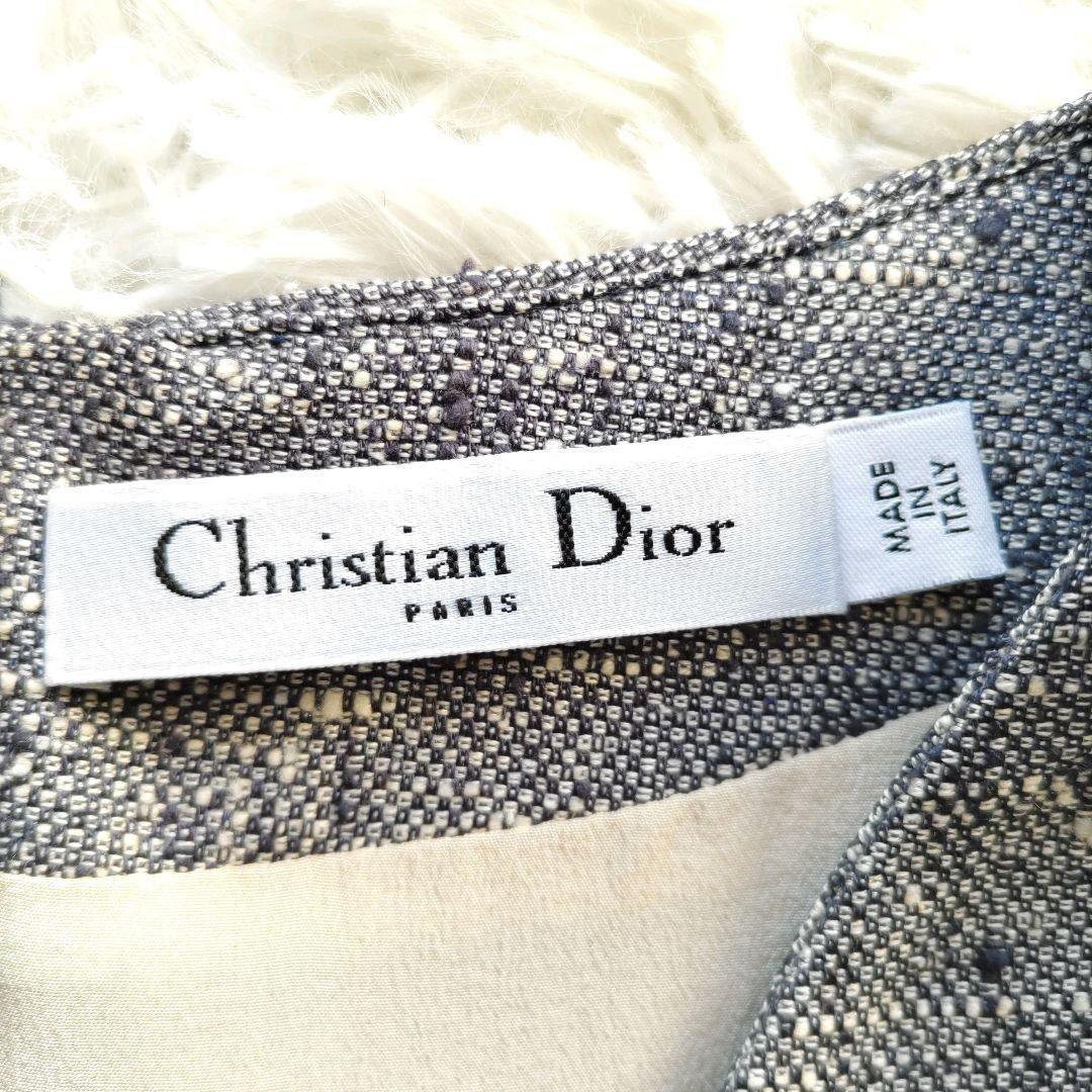 Christian Dior Vネックツイードシルク100%膝丈ワンピース36S