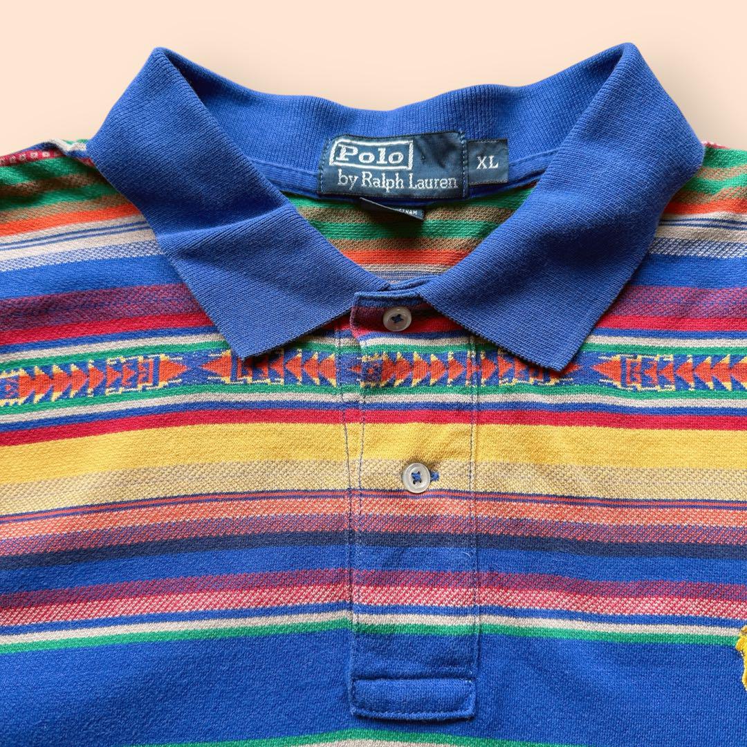 レアデザイン90s US古着○ポロバイラルフローレン ボーダーポロシャツ 2XL レアデザイン○90s《ポロバイラルフローレン》ボーダー