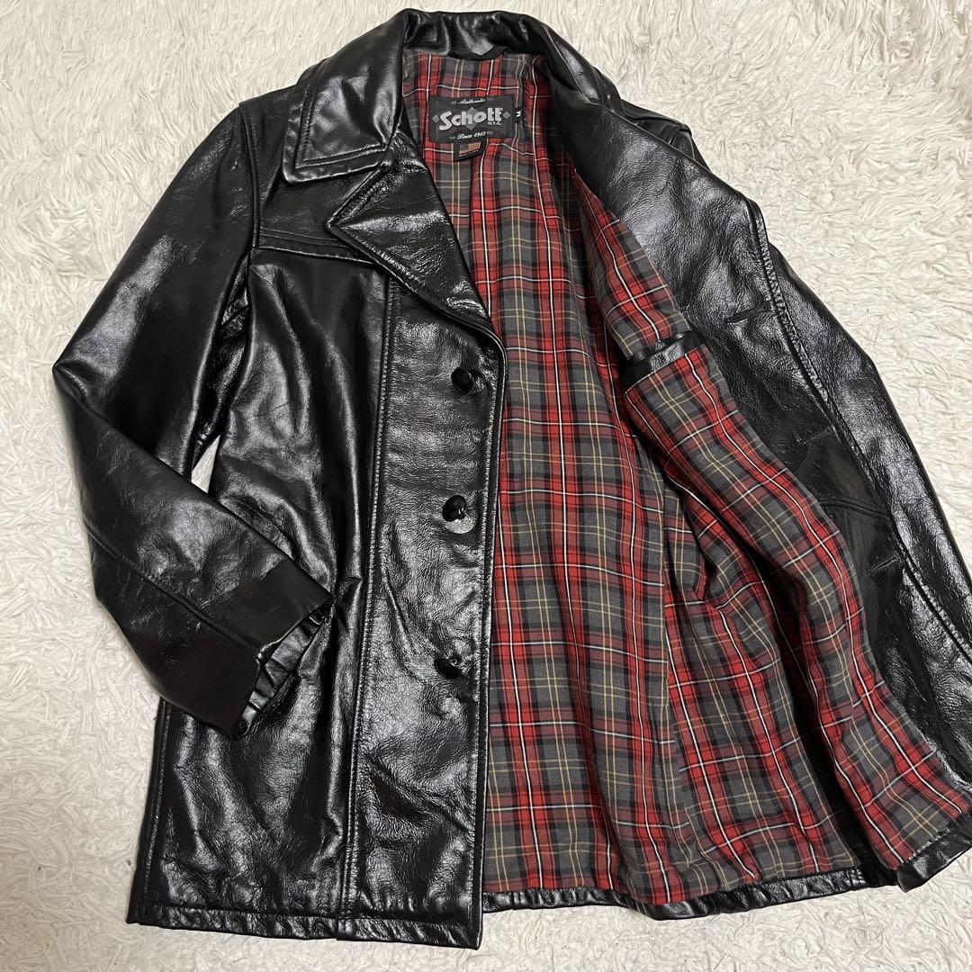 極美品　ショット　645 カーコート　レザージャケット　くるみボタンチェック裏地