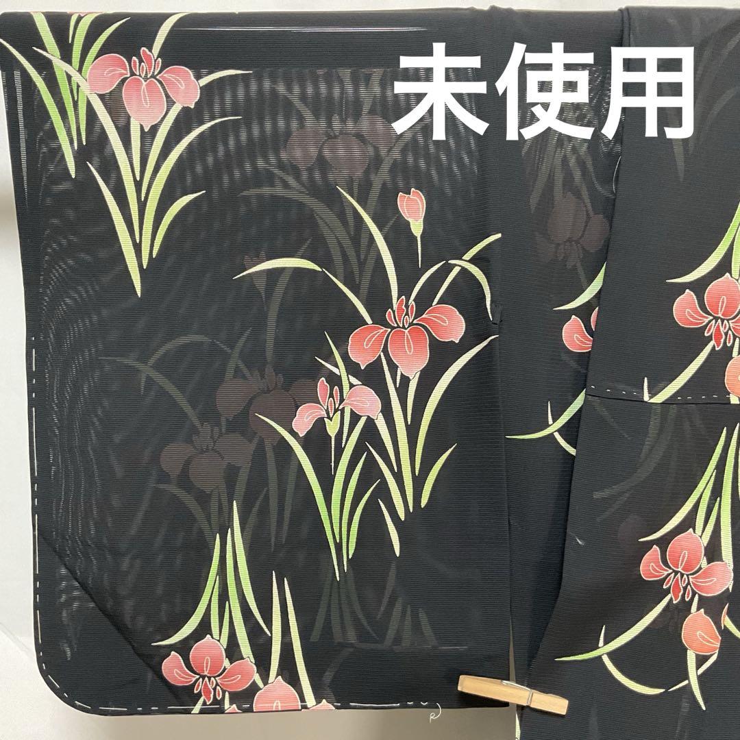 C93正絹 夏用 絽 小紋 菖蒲 黒地 未使用しつけ付極美品 着物