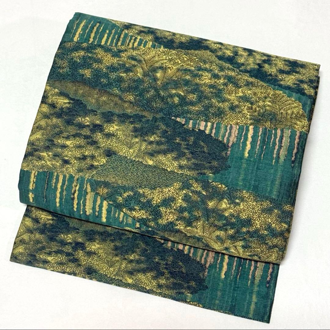 【名古屋帯】　緑色×黄色　細やかな花柄　正絹 カジュアル　シック