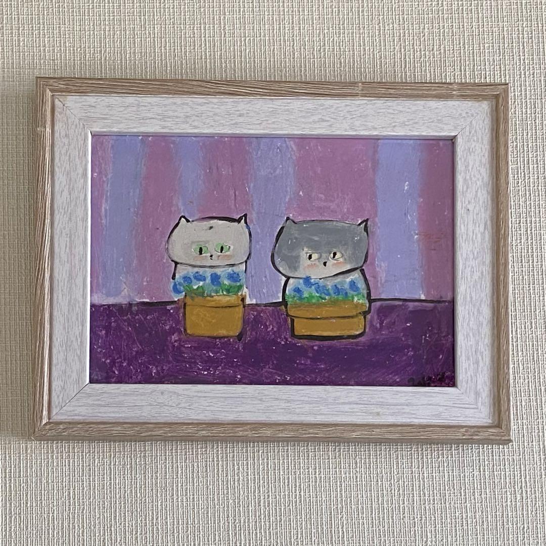 絵画。原画手描【かわいい猫ちゃんたちは美しい青い花の鉢植えを