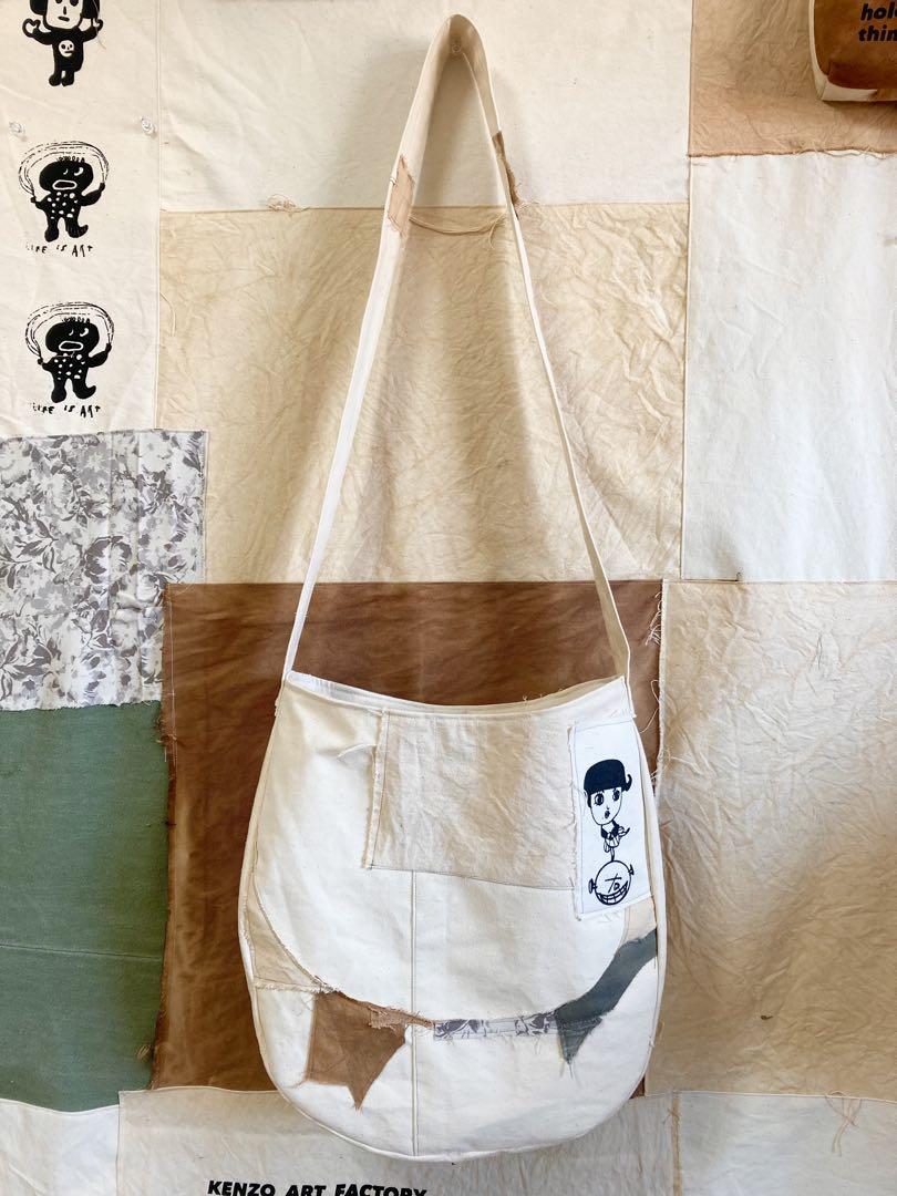 ハンドメイド　ショルダーバック帆布生地　柿渋染め　オリジナルイラスト