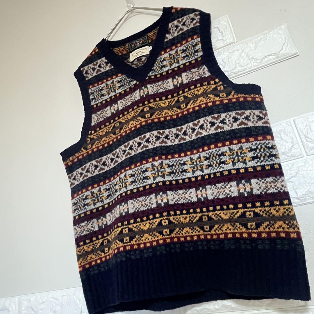 gim by BEAMS フェアアイル柄 Vネック メンズ ベスト ネイビー