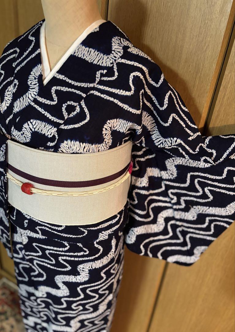 有松鳴海絞り浴衣　レトロなお品です。　板締め絞り　藍染　粋♪