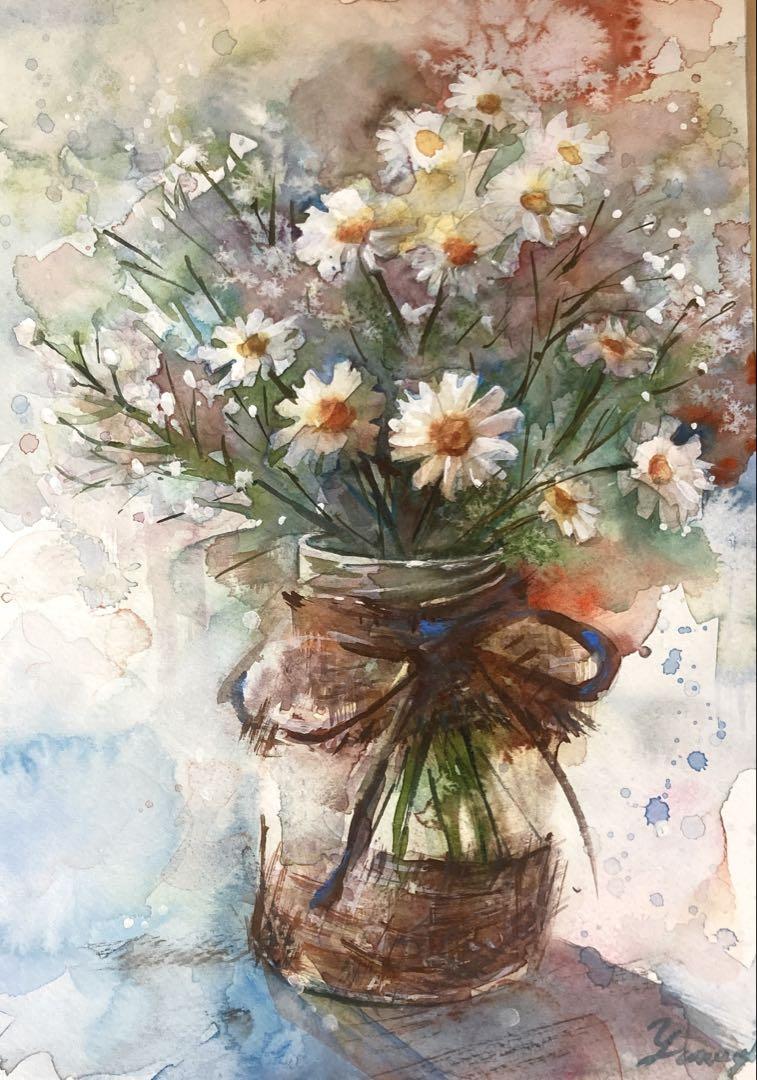 水彩画 原画 白い花と瓶
