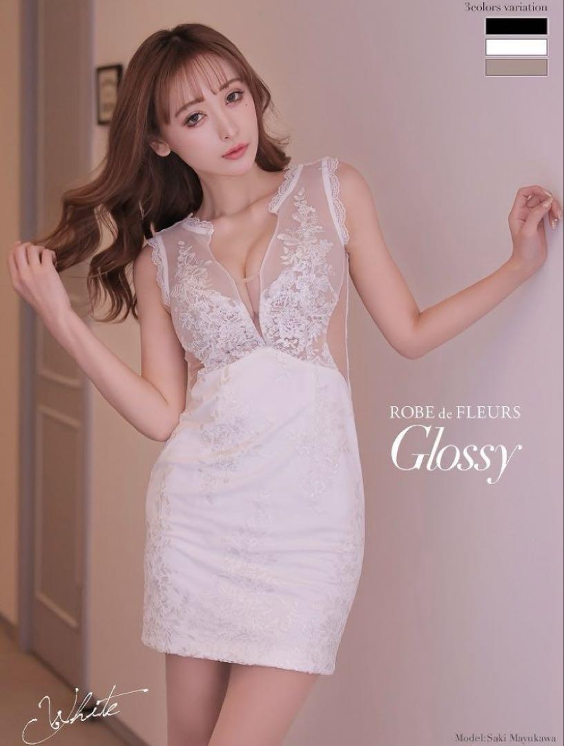 ROBE de FLEURS Glossy ホワイトタイトドレス
