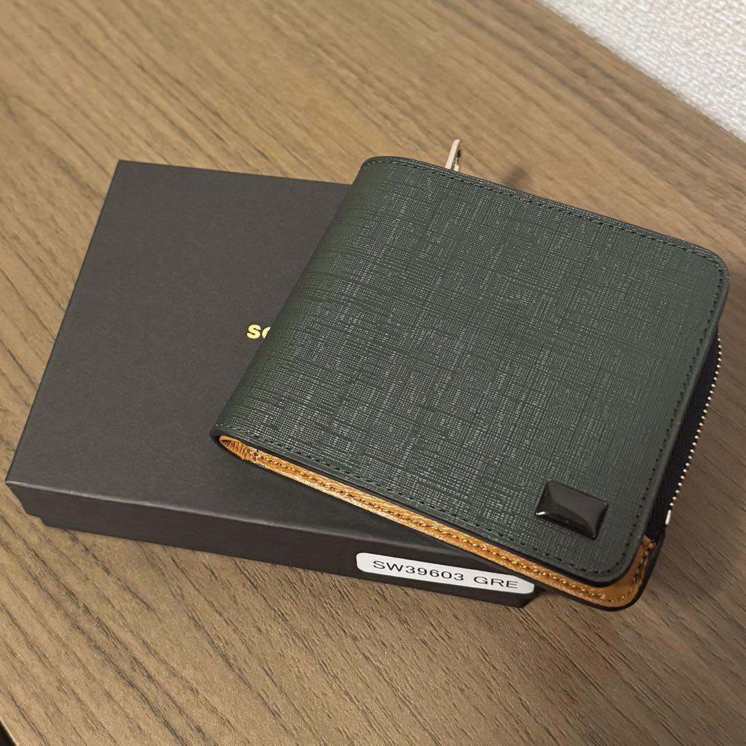 SOLATINA ソラチナ 二つ折り財布 緑×茶色 パスケース・保証書付き 本革
