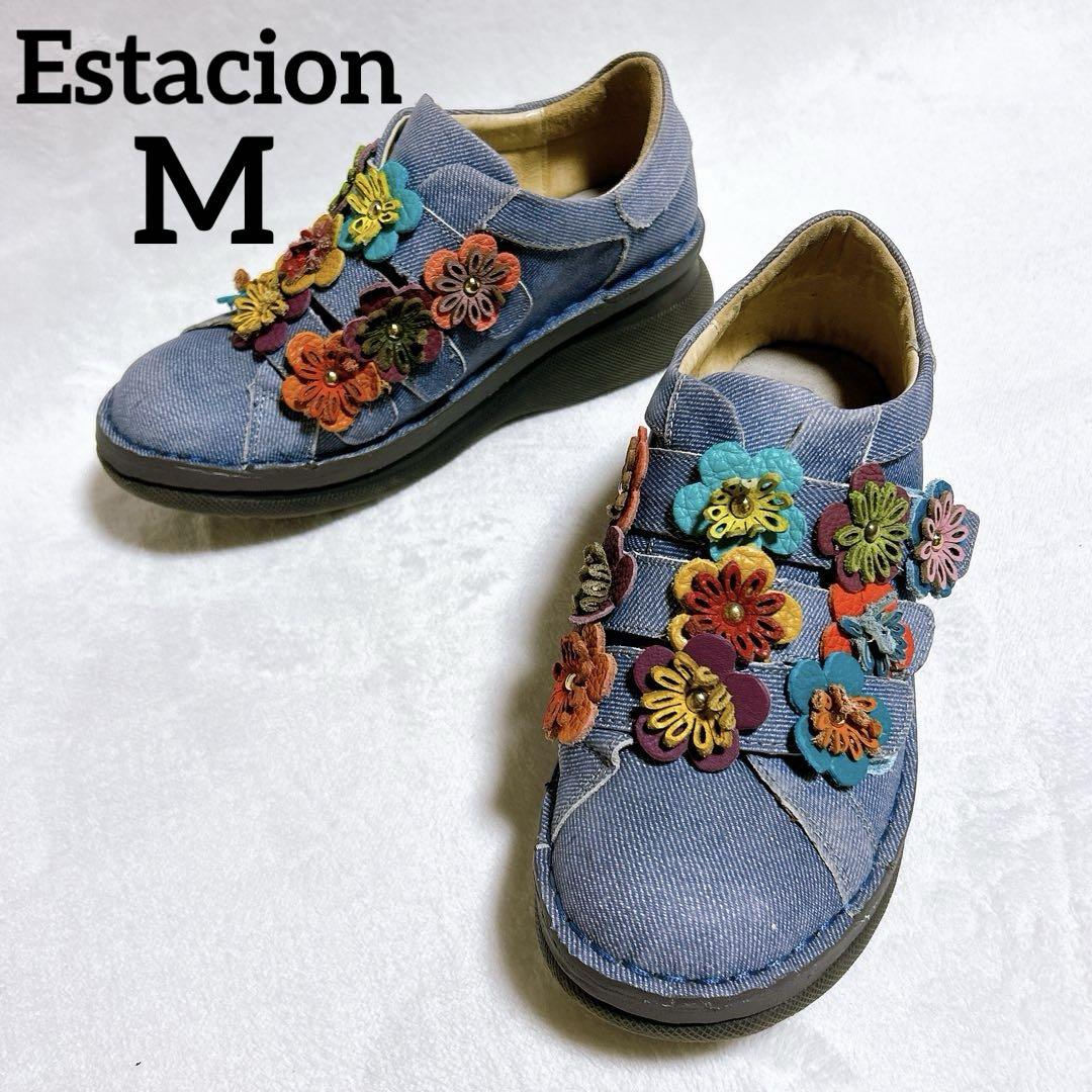 Estacion エスタシオン スニーカー 小花モチーフ デニム　スリッポン M
