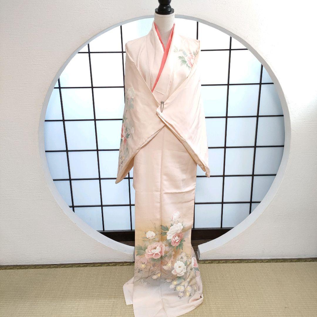 正絹 松井青々 落款 訪問着 花柄 麻の葉 金 ピンク 和装 着物 帯