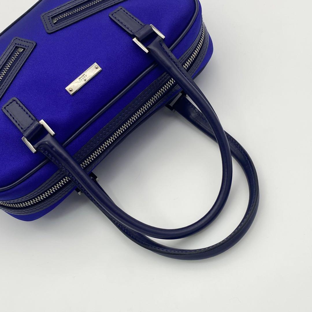 希少✨GUCCI ハンドバッグ　ロゴプレート　ナイロン×レザー　ネイビー　ブルー