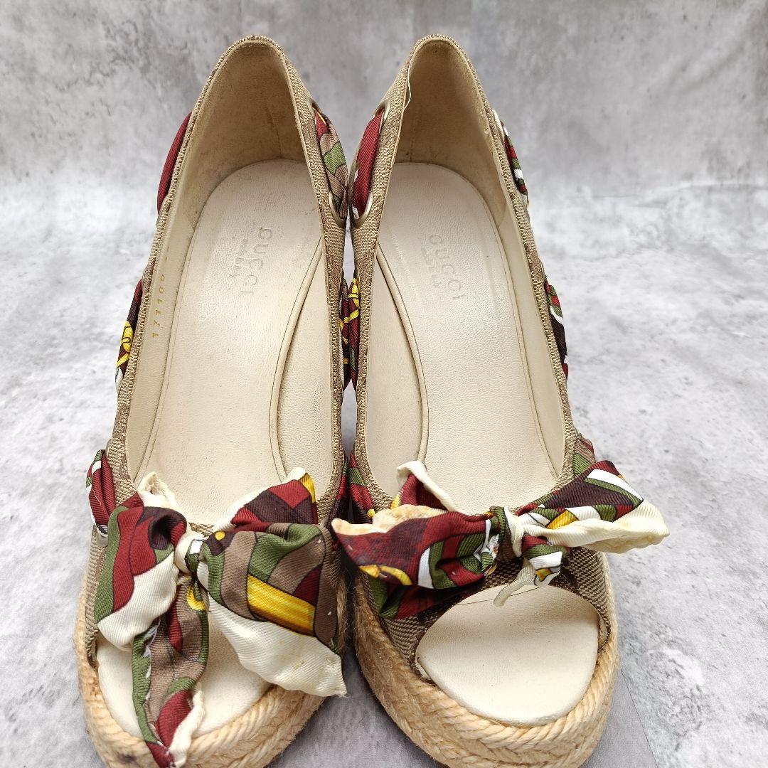 美品 GUCCI エスパドリーユ ハイヒール スカーフ巻 GGキャンバス 35C