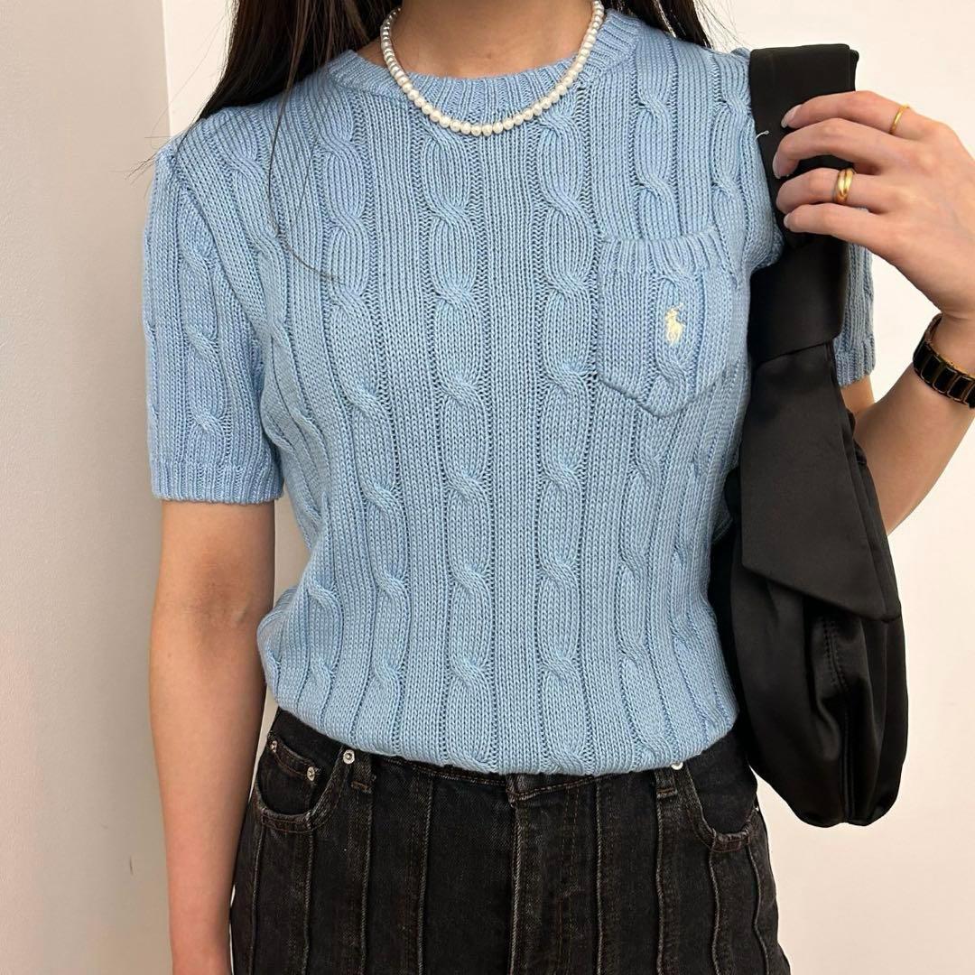 現行 ポロラルフローレン ケーブル半袖ニット 水色 ポニー刺繍 現行 ポロラルフローレン ケーブル半袖ニット 水色 ポニー刺繍