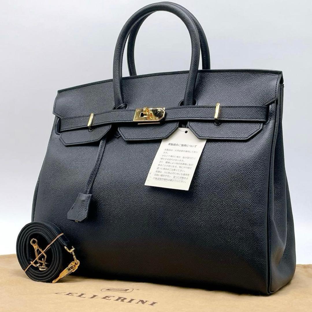 美品 CELLERINI ハンドバッグ カデナ ブラック ゴールド金具 f32